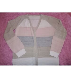 Color Block Striped Women's Sweater - Beige, Pink, Gray, White - Long Cardigan